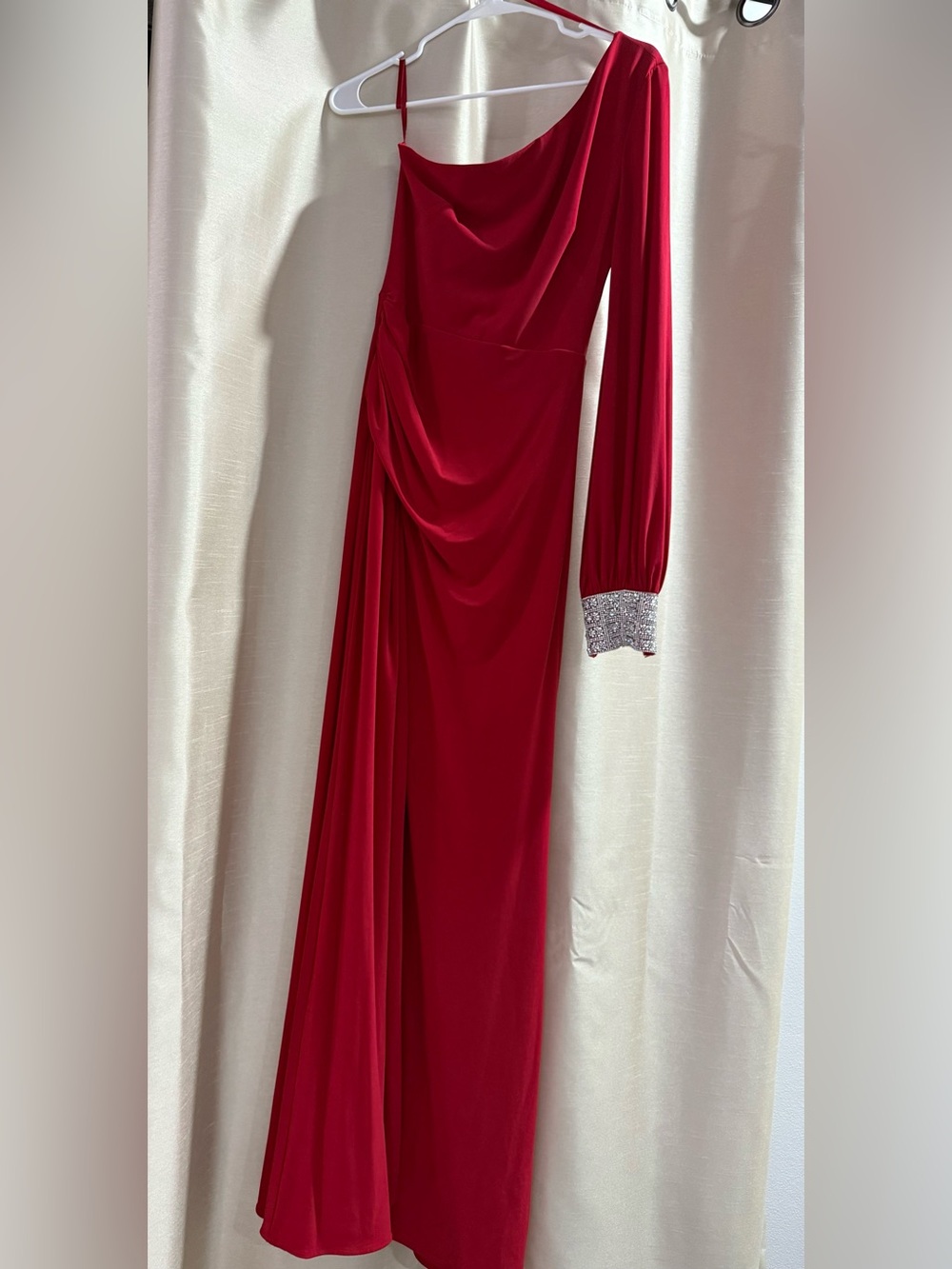 Betsy & Adam One-Shoulder Red Long-Sleeve Evening Gown with Embellished Cuff